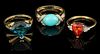 VINTAGE / CONTEMPORARY 10K AND 14K YELLOW GOLD AND STONE LADY'S RINGS, LOT OF THREE,