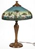 AMERICAN REVERSE-PAINTED GLASS AND METAL ELECTRIC TABLE LAMP,