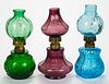 ASSORTED COLORED GLASS MINIATURE LAMPS, LOT OF THREE,