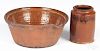Redware, 19th c., to include a mixing bowl, 5'' h.,11 1/4'' w., and a crock, 6 1/2'' h.