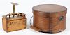 Bentwood pantry box, 19th c., 5 1/2'' h., 9 1/2'' w., together with a butter press, 4 1/2'' h.