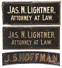 Three painted tin signs, ca. 1900, to include one for J. S. Hoffman, 4 1/2'' x 20''