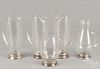Five sterling silver mounted glass pitchers, tallest - 9 3/4''.