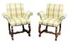 Pair Upholstered Walnut Baroque Style Easy Chairs