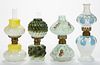 ASSORTED PATTERN DECORATED OPAQUE GLASS MINIATURE LAMPS, LOT OF FOUR,