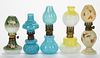 ASSORTED PATTERN OPAQUE GLASS MINIATURE LAMPS, LOT OF FIVE,