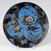 Japanese cloisonné charger with birds and prunus on a blue ground, 12'' dia.