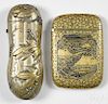 Two Japanese mixed metal match vesta safes, to include an example with embossed foliate decoration