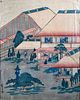 Japanese Color Woodblock Print, Dwellings with Figures at Pursuits