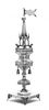 A Russian Silver Large Spice Tower, Circa 1910, the square base raised on elongated cartouche form feet flanked by leafy sprays,