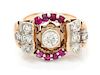 A Retro Rose Gold, Platinum, Ruby and Diamond Ring, 5.30 dwts.