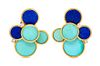 A Pair of 18 Karat Yellow Gold, Turquoise, Lapis Lazuli and Diamond Earclips, 16.20 dwts.