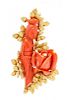 A Yellow Gold, Carved Coral and Cultured Pearl Brooch, 27.00 dwts.
