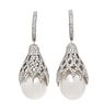 A Pair of 18 Karat White Gold, Cultured South Sea Pearl and Diamond Pendant Earrings, 15.80 dwts.