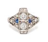An Art Deco Platinum, Diamond and Sapphire Ring, 1.90 dwts.