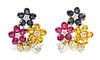 A Pair of Yellow Gold, Sapphire, Ruby and Diamond Floral Motif Earclips, 14.90 dwts.