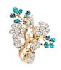 A 14 Karat Bicolor Gold, Diamond and Turquoise Floral Motif Brooch, 15.20 dwts.