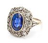 An Edwardian Gold, Silver, Synthetic Sapphire and Diamond Ring, 3.00 dwts.