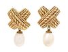 A Pair of 14 Karat Yellow Gold and Cultured Pearl Earclips, 5.00 dwts.