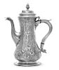 A Silver Coffee Pot, , of baluster form, chased with scrolls, rocaille and flowers, and with fluted swan neck spout, both sides