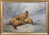 SHEEP RESTING IN SNOW WINTER LANDSCAPE OIL PAINTING
