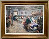FIGURES INSIDE A CLOTHING MARKET OIL PAINTING