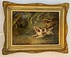 TWO SPANIEL DOGS CHASING A PHEASANT OIL PAINTING