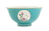 A Chinese Famille Rose Porcelain Footed Bowl Diameter 5 3/4 inches. 松石綠地粉彩開光花卉紋碗，清乾隆，口徑5.75英吋