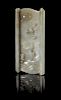 A Celadon Jade Wrist Rest Length 6 3/4 x width 2 3/4 inches. 青玉雕松下人物臂擱，長6.75x寬2.75英吋