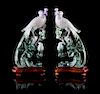 A Pair of Jadeite Figural Groups Height 12 1/2 inches. 翡翠鳳凰銜芝擺件一對，高12.5英吋