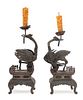 A Pair of Pewter Crane-Form Candle Holders Height of each 16 inches. 錫製仙鶴銜芝燭臺，19世紀，高16英吋