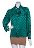 An Yves Saint Laurent Green Silk Checkered Blouse, Size 38.