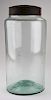19th c free blown jar, purported to be Burlington or Lake Dunmore, VT, aquamarine glass, open pontil, ht 11 1/2”, dia 5 1/2”,