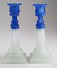 pr of 19th c pattern molded candlesticks, opaque blue petal tops & clambroth column bases, open pontils, ht 9 3/8”, Dr Oliver