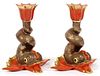 HEREND PORCELAIN DOLPHIN CANDLESTICKS PAIR