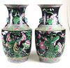 Pair of Chinese porcelain vases of black enamel field with molded ring & dog handles, overall bird and floral decoration, marked on botton for "Da Qin