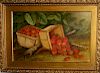 19th c naieve oil on board still life of strawberries  signed A Wait 12 x 18"