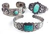 Three Southwest silver & hardstone bangle bracelets; one with peace symbols, birds &  diamond and round shaped turquoise stones, other marked silver p