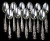 Group of 11 George W. Shiebler "Flora" teaspoons in excellent condition. 11 separate floral patterns, numbers 1-7 and 9-12. 11.1 troy oz.