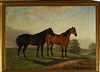 19th c American School genre painting of two horses on canvas minor losses newer frame 20 x 24" unsigned
