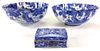 lot of three pcs Chinese blue and white Qing Dynasty porcelain bowls & covered box, two bowls scalloped edge, & cov rectangular box 8.5" dia, 4" x 3.2