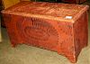 Red paint and sponge decorated pine lift top blanket chest, bootjack ends. 39ﾽ"w x 22"h x 17"d.
