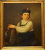 19th c German School portrait of boy on rocking horse in lederhosen and plumed hat o/c  28 x 23" in lemon gold frame minor old pinpoint repairs