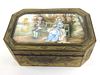 20th c.  fine gilt brass rectangular box with French romantic oil panel courting scene under glass of couple on bench by river 4.5" x 3" x 1.5" panel 