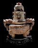 Hardstone Carved Lidded Urn 带雕花木托架硬玉雕虎符钮盖三足鼎，高10英寸，20世纪，中国