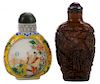 Carved Hardwood Snuff Bottle and a 彩绘玻璃鼻烟壶和玉雕鼻烟壶，分别高2.75英寸和2.5英寸，20世纪早期，中国