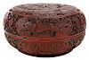 Finely Carved Cinnabar Covered Box 剔红开光人物山水漆盒，7.5*14英寸，或19世纪，中国