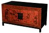 Chinese Red Lacquer and Gilt Scroll 红漆描金山水花草柜，27x49x24英寸，18或19世纪，中国清代