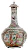 Canton Famille Rose Porcelain 粉彩金边开光人物花鸟鹤颈盖瓶,14.75英寸,19世纪,中国