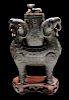 Carved Jade Vase 玉雕羊羔钮盖双羊花瓶带木底座，8.5*5.5英寸，20世纪，中国